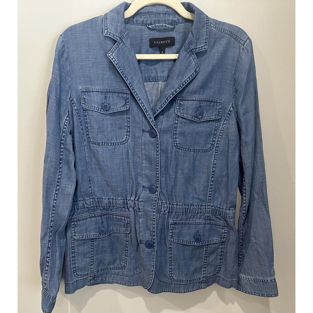 Talbots Chambray Linen Blend Safari Blazer Jacket Women's Medium Blue Utility